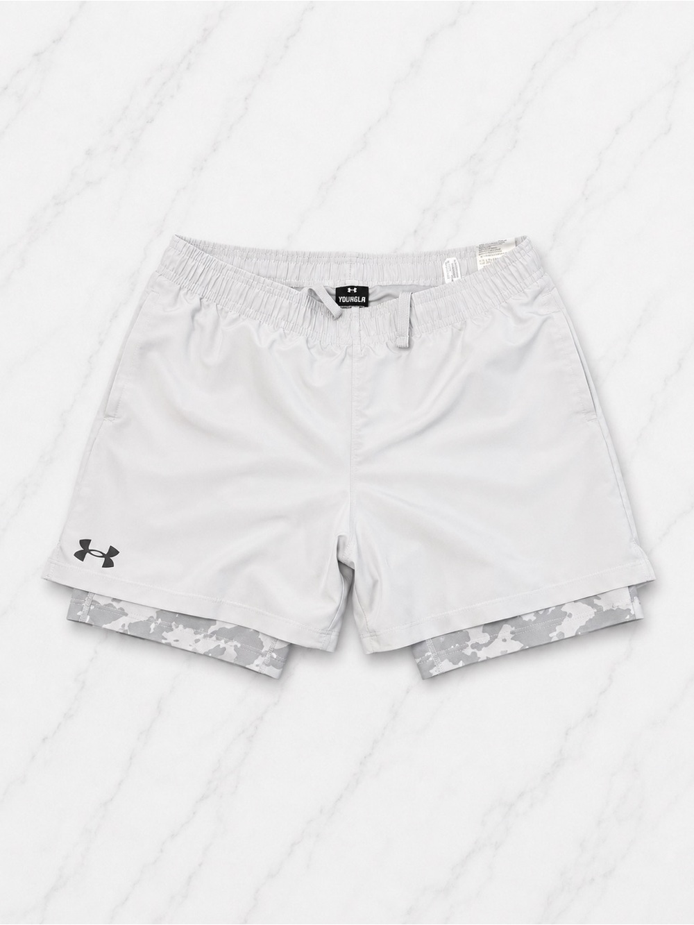 Under Armour White Athletic 2-in-1 Women’s Shorts with Gray Camo Liner
